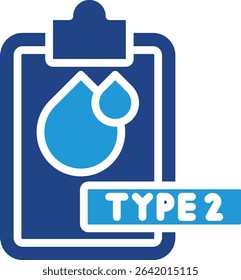 This icon depicts a clipboard with a document containing blood type two data referring to diabetes mellitus a chronic condition characterized by high blood sugar levels.