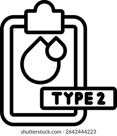 Este ícono representa un Portapapeles con un documento que contiene datos del tipo de sangre dos que se refieren a la diabetes mellitus, una afección crónica caracterizada por niveles altos de azúcar en la sangre.