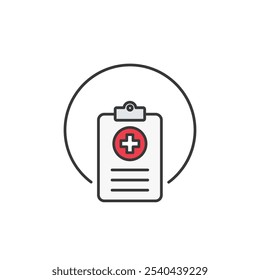 This icon depicts a clipboard with a red medical cross and lines representing text. It symbolizes medical records, essential for healthcare documentation and patient history