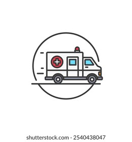 This icon depicts an emergency medical vehicle with a red cross symbol, indicating its role in providing urgent medical assistance. The vehicle is shown in motion, its swift response capability