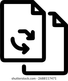 Dieses Symbol zeigt eine Dateiübertragung mit zwei Dokumenten und Pfeilen. Es stellt den Prozess des Kopierens, Verschiebens oder Austauschs von Dateien zwischen Speicherorten oder Systemen dar.