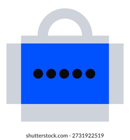 This icon depicts a gray shopping bag (with a handle and simple outline) featuring a solid blue rectangular section in the center containing four black dots arranged horizontally (••••), partially overlaid with semi-transparent gray layers.