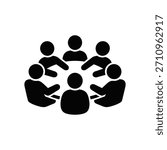 This icon depicts a group of people in black silhouette, seated around a table, suggesting a meeting, collaboration, or discussion in a business setting.
