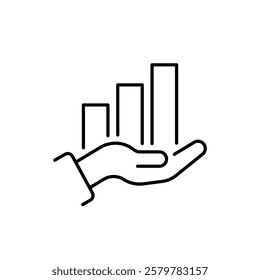 This icon depicts a hand holding rising bars, symbolizing growth and evaluation, ideal for representing ratings, performance metrics, and statistical analyses in different contexts