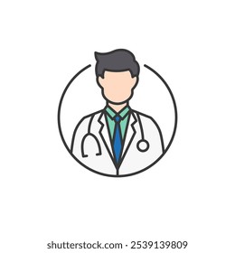 Este ícone representa um prestador de cuidados de saúde com um casaco branco com um estetoscópio, simbolizando serviços médicos e de farmácia. Enfatiza o médico, o profissionalismo e o atendimento ao paciente.