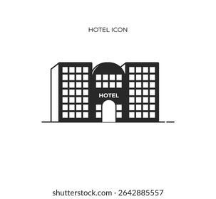 Este ícone representa um edifício de vários andares, provavelmente um hotel, com "HOTEL" exibido na frente. Possui uma seção central abobadada flanqueada por duas asas retangulares, todas com janelas semelhantes a grades.