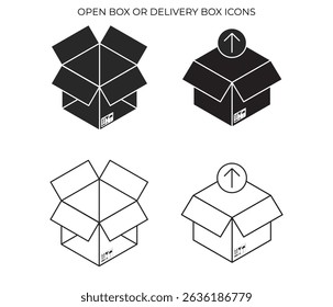 This icon depicts an open cardboard box, signifying packaging, unpacking, or items ready for shipment.
