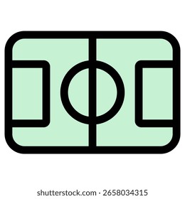 This icon depicts a schematic view of a soccer field, representing sports, competition, and recreational activities.