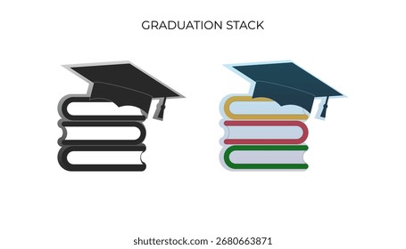 Este ícone retrata uma pilha de livros com um teto de graduação no topo, representando a educação, o conhecimento e a realização acadêmica.