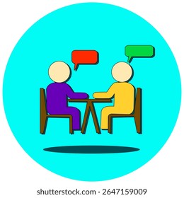 Este ícone representa duas pessoas envolvidas em uma conversa com balões de fala, simbolizando comunicação, diálogo, interação social e discussão. Excelente para aplicativos de mensagens, atendimento ao cliente,