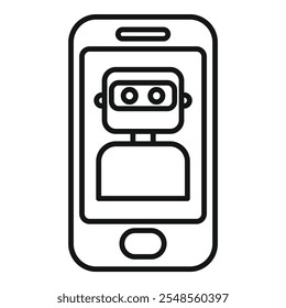 Este design de ícone representa um personagem robô em uma tela de smartphone, representando um bot de bate-papo