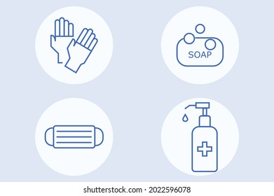 In this icon design totally about covid-19. Mask icon, covid hand gloves,soap icon, sanitizer icon.