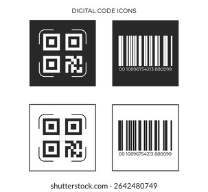 This icon displays four variations of digital codes: two QR codes and two linear barcodes, presented in both light-on-dark and dark-on-light styles.
