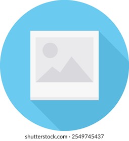 This icon displays a simplistic photo frame with a mountain and sun silhouette on a sky blue circular background. Ideal for photography apps, galleries, and digital media projects.