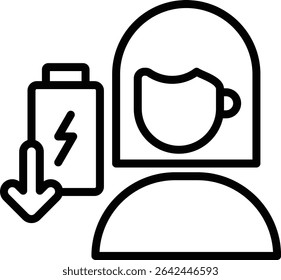 This icon effectively communicates a tired body condition or the need for energy recharging with a decreasing battery indicator.