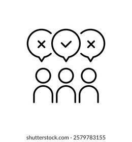 This icon effectively illustrates the concept of gathering a diverse range of opinions through the use of speech bubbles that represent votes, showcasing the various viewpoints on a specific topic