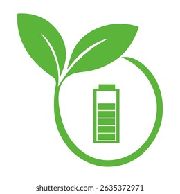 This icon features a battery symbol placed at the center, representing energy and power. Surrounding the battery is a green circular frame with 2 elegant leaves.