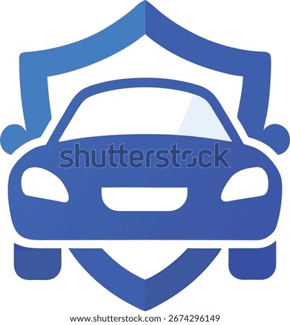 This icon features a blue car superimposed on a shield, symbolizing car security, protection, and safety. It's ideal for representing insurance, anti-theft systems, or safe driving.