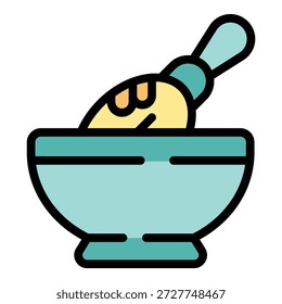 Este ícone apresenta uma tigela cheia de ingredientes que estão sendo misturados por um utensílio de cozinha, ideal para representar a preparação de alimentos e culinária