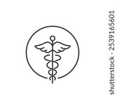 This icon features a caduceus, a symbol with a winged staff and two serpents entwined around it, encircled by a thin line. It represents medicine, healthcare, and pharmacy.