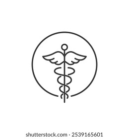 Este icono presenta un caduceo, un símbolo con un bastón alado y dos serpientes entrelazadas a su alrededor, rodeadas por una delgada línea. Representa la medicina, la salud y la farmacia.