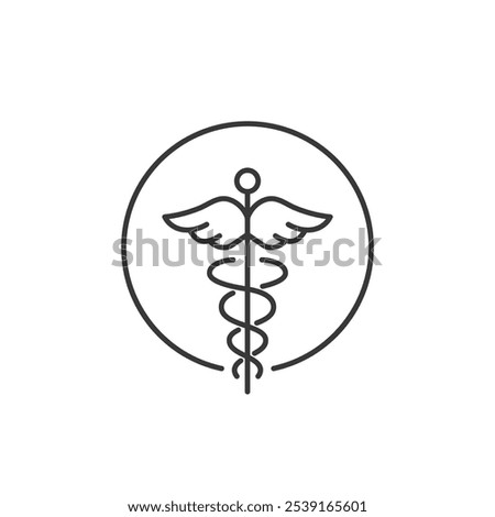 This icon features a caduceus, a symbol with a winged staff and two serpents entwined around it, encircled by a thin line. It represents medicine, healthcare, and pharmacy.