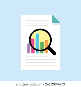This icon features a document with bar charts and a magnifying glass, symbolizing data analysis, performance tracking, and insights through detailed reports and visualizations.