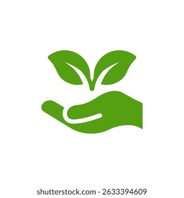 This icon features a hand cradling vibrant green leaves, symbolizing our collective care for nature and commitment to ecological sustainability and the wellbeing of all living things on Earth