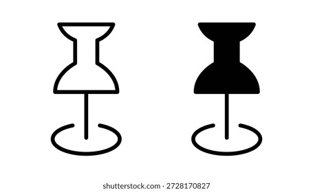Este icono presenta un diseño de contorno de una chincheta, que normalmente se usa para marcar una ubicación específica en un mapa o para asegurar documentos a un tablón de anuncios. La cabeza del pasador está estilizada con una forma redondeada, en forma de campana, y un eje delgado se extiende hacia abajo, terminando en una base circular. Esta representación visual es ideal para interfaces digitales que requieren indicadores claros y minimalistas para anclar, guardar o navegar puntos. Las líneas limpias y el interior vacío ofrecen versatilidad para varias aplicaciones de interfaz de usuario o UX.