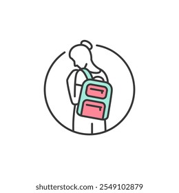 Este icono muestra a una persona con una cola de caballo llevando una colorida mochila, que simboliza la preparación para la aventura y la exploración. Su diseño limpio y minimalista captura la esencia del viaje