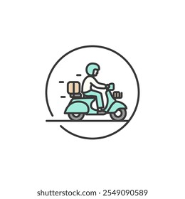 Este icono muestra a una persona montando una moto con un casco y una mochila, simbolizando la movilidad y la aventura. Su diseño limpio y sencillo destaca la emoción de viajar y hacer turismo