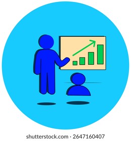Este ícone apresenta uma pessoa ao lado de um gráfico de barras em ascensão, representando o crescimento individual, o desenvolvimento pessoal, a progressão de carreira e o sucesso financeiro. Adequado para treinamento, treinamento,