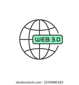 Este icono presenta un globo estilizado con líneas que se cruzan, simbolizando la conectividad global. La etiqueta con "WEB 3.0" en negrita superpone el globo, representando la próxima generación de Internet.