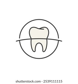 Este ícone apresenta um dente estilizado dentro de um círculo parcial, simbolizando a saúde e os cuidados dentários. Ideal para contextos médicos e farmacêuticos, enfatizando higiene bucal e dentária