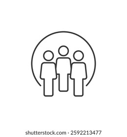 This icon features three simplified human figures standing side by side, enclosed within a partial circular outline. It represents a group or community, often used in digital interfaces.