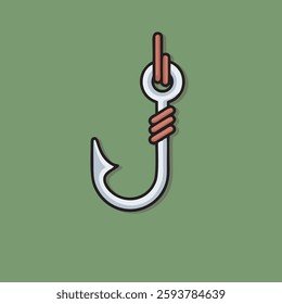 This is an icon of a fishhook. The hook itself is silver with a sharp, curved tip. Wrapped around the upper part of the hook is a piece of red rope, adding a pop of color to the otherwise metallic - l