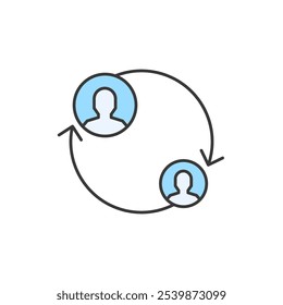 Este ícone ilustra um fluxo circular entre duas figuras humanas, simbolizando a interação direta e a troca de dados. Representa a comunicação descentralizada, enfatizando a conectividade e o peer-to-peer