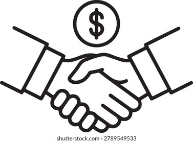 This icon illustrates two hands shaking, with a dollar coin above them, symbolizing a successful business agreement, financial transaction, or lucrative partnership.
