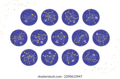 This is an icon illustration of a starry sky with zodiac lines and hand-drawn symbols for the 13 ecliptic constellations.