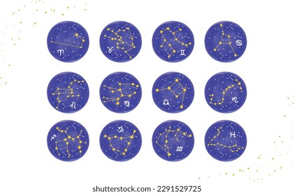 Esta es una ilustración de un cielo estrellado con líneas de zodiaco y símbolos dibujados a mano para las 12 constelaciones eclípticas.