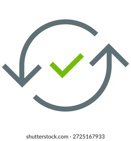 Este ícono es un diseño minimalista que presenta una flecha doble circular (símbolo de actualización o sincronización) en gris Mediano, con una marca de verificación verde en negrita centrada en el interior, que comúnmente representa la sincronización exitosa, el Actualizar o actualización completada, la actualización verificada, la sincronización completada o el ciclo o Renovación exitoso en App, paneles y interfaz de usuario (por ejemplo, después de la actualización de datos, copia de seguridad o finalización del proceso)