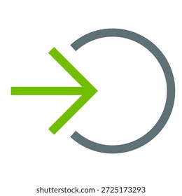 Este ícono es un diseño minimalista que muestra una flecha verde brillante hacia la derecha integrada con un arco circular gris parcial (círculo incompleto o ruta curva), que representa comúnmente "siguiente", "proceder", "avanzar", "continuar", "saltar o siguiente paso", "acción de redirección o avance" o "indicador de progreso" en Botones de interfaz de usuario, asistentes, flujos de navegación, pantallas de incorporación o App