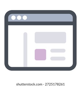 Dieses Symbol ist eine minimalistische Illustration eines Browserfensters (Webseite oder Webseitenrahmen) mit drei Kontrollpunkten (schließen, minimieren, maximieren) oben in hellviolett-grau, mit einer vertikalen Seitenleiste auf der linken Seite, Platzhalterinhaltblöcken (Rechtecke in grau und violett) und horizontalen Linien - häufig symbolisierend Website, Web-App, Browser-Registerkarte, Dashboard, Online-Schnittstelle, Webseitenvorschau oder Internet-Browsing in Apps, UI-Kits und Design-Tools