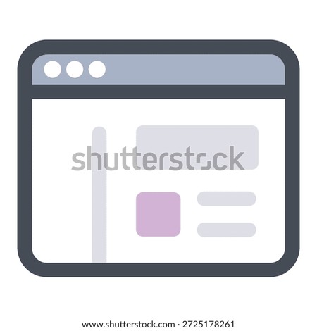 This icon is a minimalist illustration of a browser window (webpage or website frame) with three control dots (close, minimize, maximize) at the top in light purple-gray, featuring a vertical sidebar on the left, placeholder content blocks (rectangles in gray and purple), and horizontal lines — commonly symbolizing website, web app, browser tab, dashboard, online interface, webpage preview, or internet browsing in apps, UI kits, and design tools