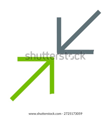 This icon is a minimalist two-tone arrow design featuring a bright green arrow pointing up and to the right (northeast direction) overlaid or combined with a medium gray arrow pointing down and to the left (southwest direction) — commonly symbolizing "reply", "undo or redo", "back or forward navigation", "return", "diagonal redirect", "cross-direction", or "branching paths" in UI, apps, chat interfaces, or workflow diagrams