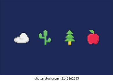This is an icon with a pixel art style, consisting of an icon cloud, a cactus, a fir orang bonsai, and an apple