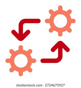 This icon represents Automated Processes, Operational Efficiency, or System Synchronization. It features two gears connected by a circular path of red arrows, symbolizing the continuous, automated flow of tasks and the seamless coordination between different parts of a system or team.