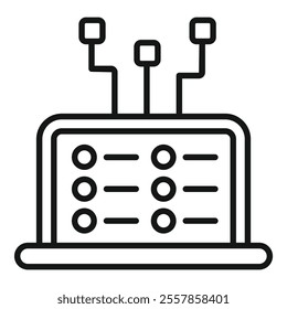 This icon represents a computer processing a blockchain, connecting several blocks of data