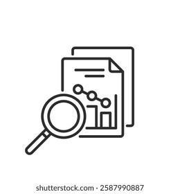 This icon represents data analysis, showing a magnifying glass over documents and charts, symbolizing a thorough exploration to uncover insights vital for informed decisionmaking