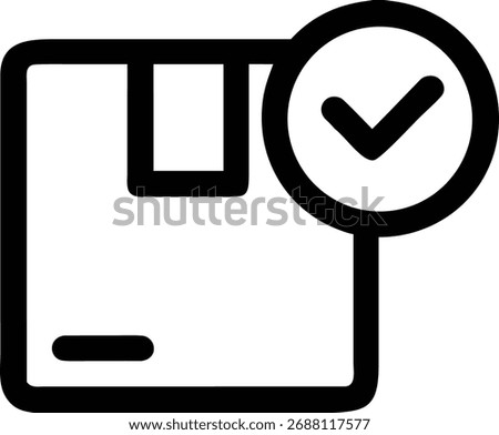 This icon represents a delivered package, indicated by a check mark. It symbolizes successful delivery, order completion, and the arrival of a shipped product.